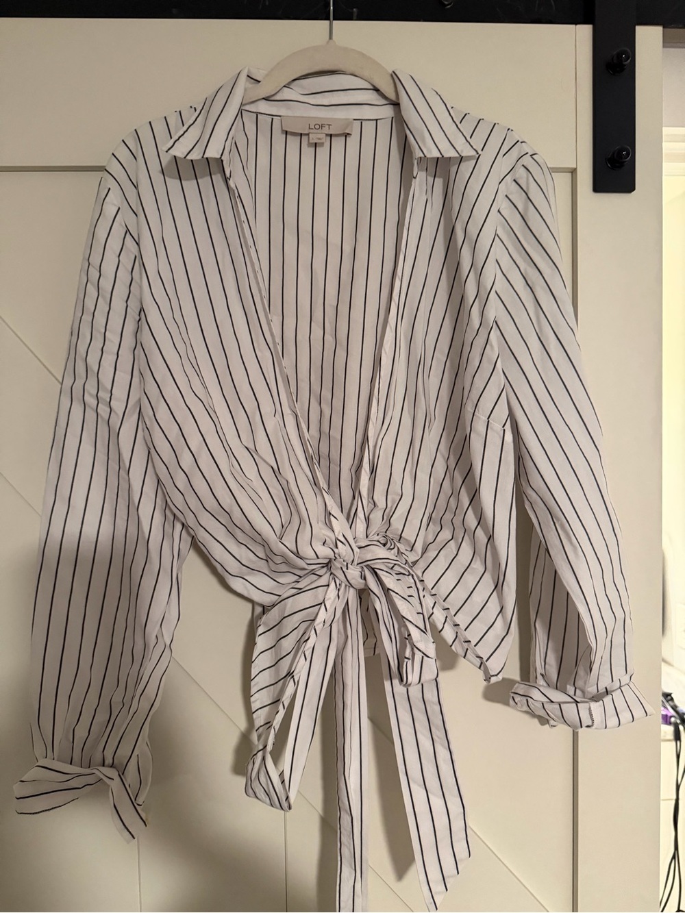 LOFT White with Navy Stripe Tie-Front Button-Down Shirt
